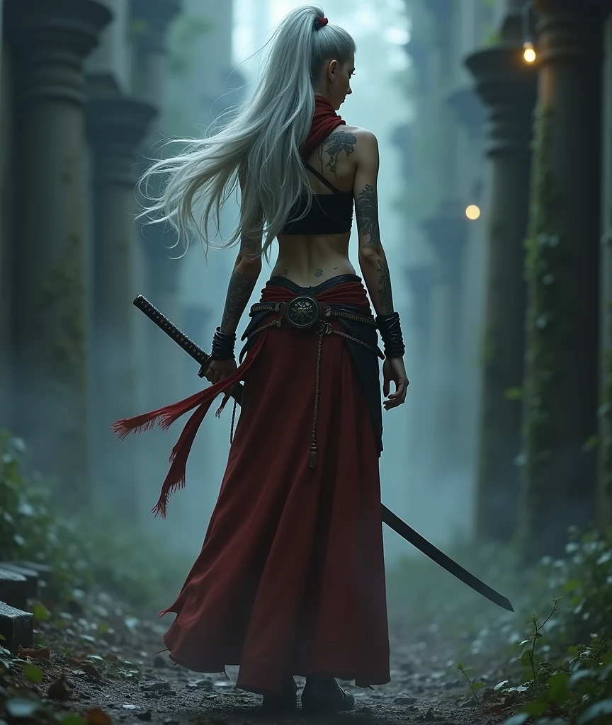 night, very dimly lit, dense fog on ground, highly detailed, intricate, random view angle, skinny female warrior, holding katana, extensively tattooed, confidence, asserted, lost in thoughts, exhausted, battle worn, disappointed, fantasy futuristic mixed setting, extremely long voluminous silver hair, extremely long voluminous ponytail, long red scarf, warriors corset, low-rise flowing maxi skirts, metallic finish, very strong wind, old abandoned overgrown ruins,