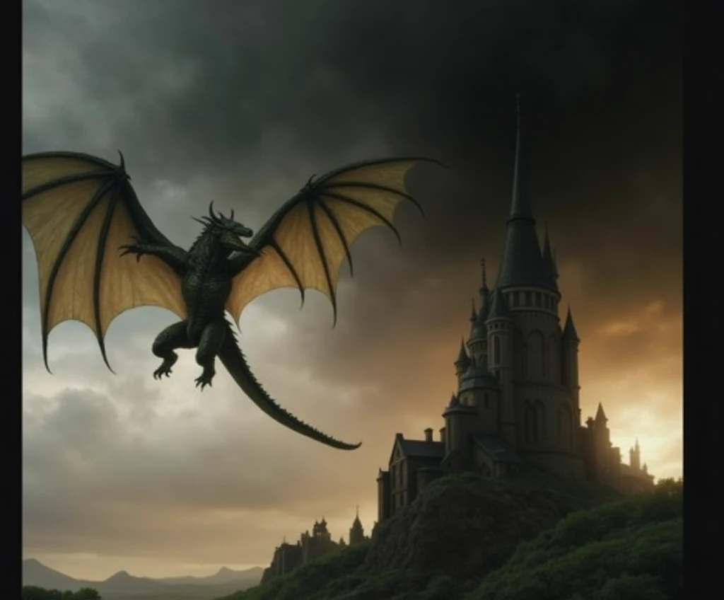 horror-themed at night, a giant dragon flying over the roof of ancient castle, Cinematic photography, movie mood, cinematic light, compelling composition, storytelling elements, conveys emotion, mood, and narrative depth, creating visually striking images that feel like still frames from a film . eerie, unsettling, dark, spooky, suspenseful, grim, highly detailed, Light Leaks Overlay filter
