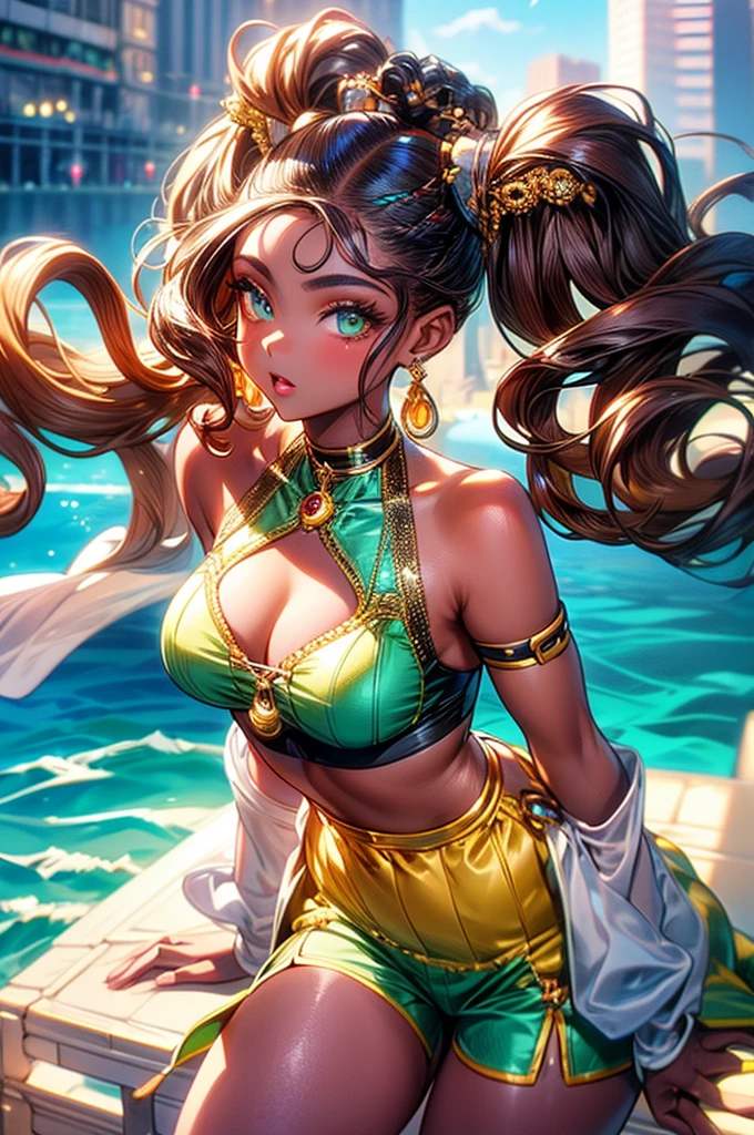 highest quality, ultra high resolution, super detailed, gorgeous, masterpiece, best quality, high resolution finely detailed, extremely beautiful, distinct image, ((identical twins)), two twins, low cut top, dolphin shorts,, ((best quality)) ((best quality)), ((masterpiece)), (detailed), 4k image, anime style, mole under the eye, beautiful young girl, age girls, fair white skin, oval shaped face, seductive and sharp facial features, astonishing sex appeal, curly hazel-brown hair, slim, curvy body, green eyes, full lips, medium height, large breasts,