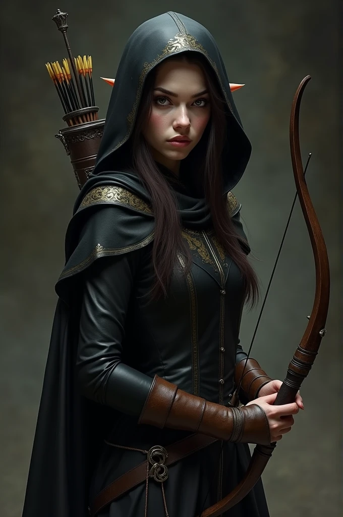 Draw a female half-elf with white skin, little elf ears, eyes black, dark brown hair, wearing a black cloak with gold details and a built-in hood holding a crossbow in his hands and a quiver on his back with a handful of arrows. Her eyes are extremely dark and this is her most obvious feature..