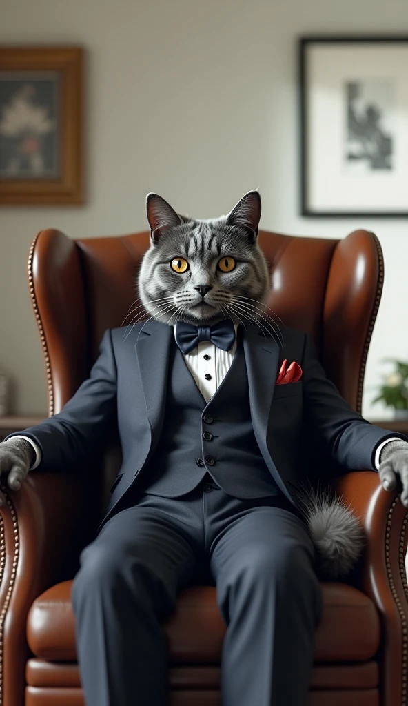 a grey cat wearing fancy clothes in a business chair