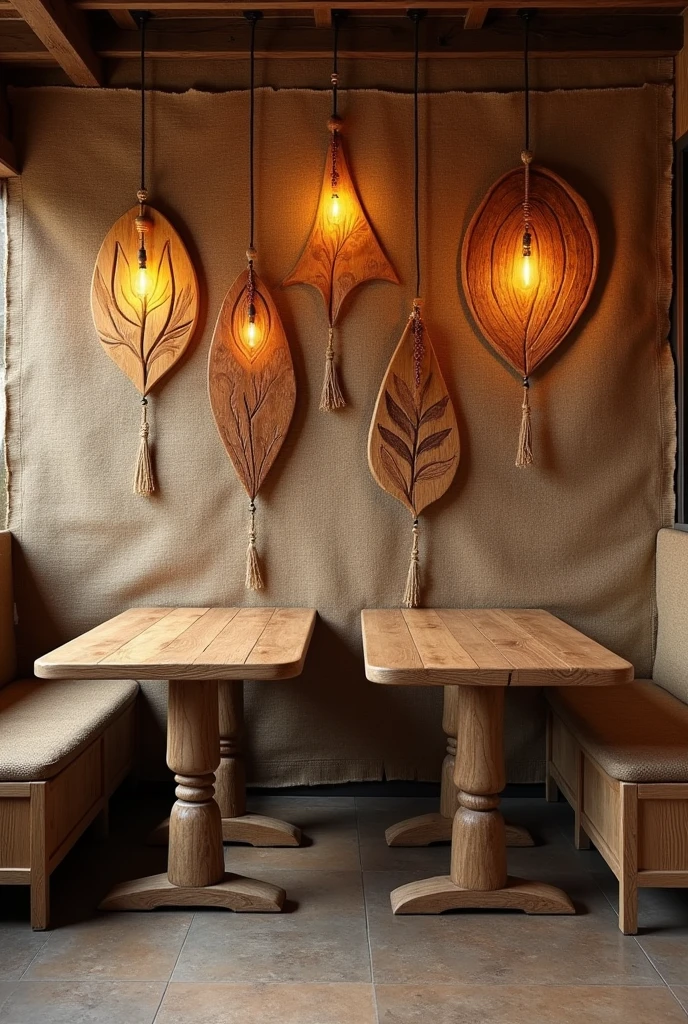 decoration of a small restaurant, with the back wall covered with coffee sacks, with two wooden tables, and Colombian handcrafted decorations made of wood 

