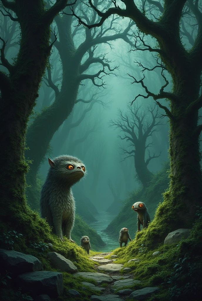 Dark forest-type world with green and dark gray tones. In this world there is a whole ecosystem of small magical creatures, including tiny earth fairies and more creatures like small trolls., unknown species and more, The forest is dark and there are small, ugly, scary creatures..