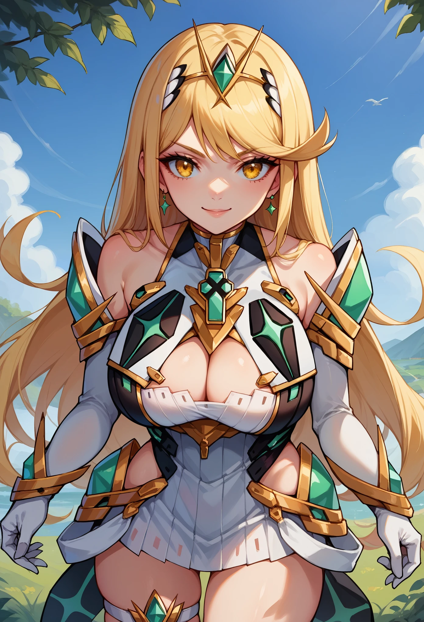 score_9, score_8_up, score_7_up, 1girl, solo, mthrdef, yellow eyes, blonde hair, long hair, tiara, earrings, chest jewel, large breasts, cleavage cutout, cleavage, white dress, short dress, elbow gloves, white gloves, thigh strap, standing, slight smile, looking at you, medieval landscape