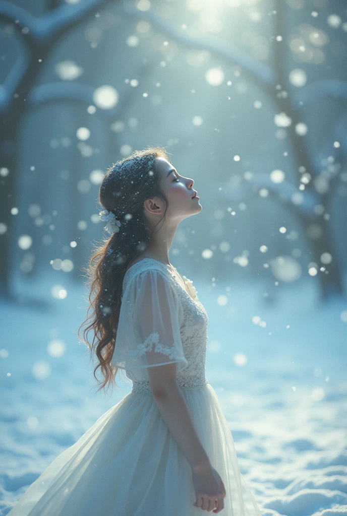 Snowflakes dancing, woman looking up, bird's eye view,