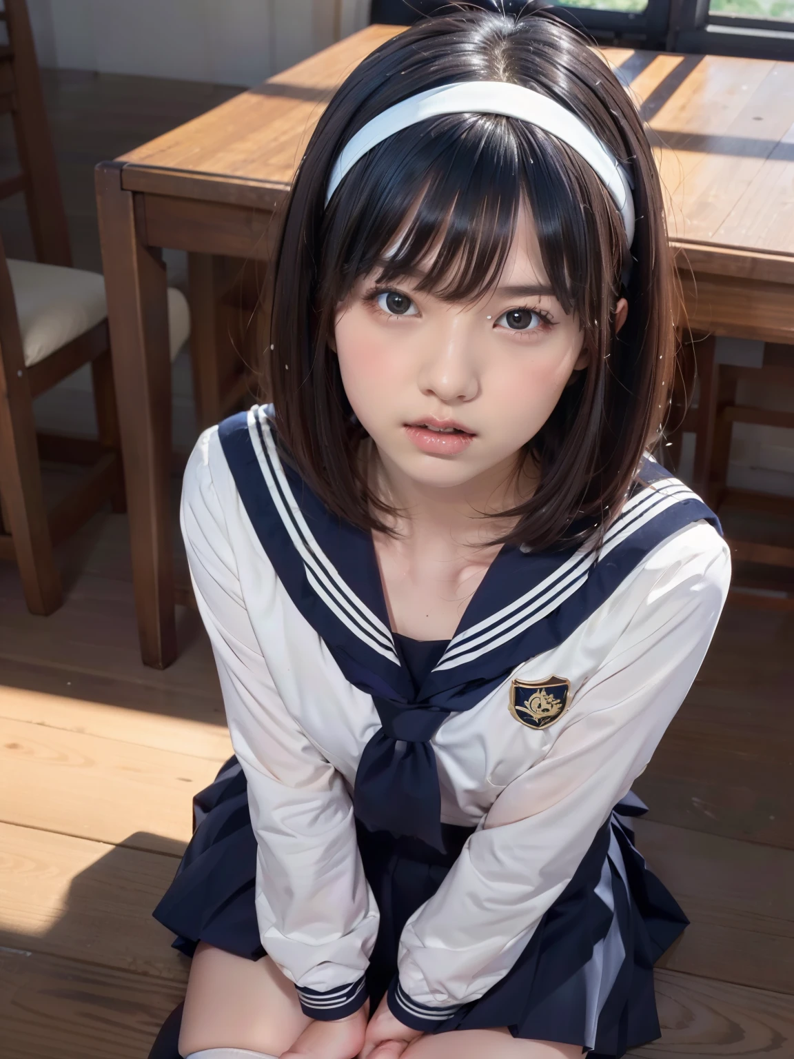 sailor suit, 8k, highest quality, masterpiece, Super detailed, ultra high resolution, realistic, RAW photo, absolute resolution, face is small compared to body, very small face, black hair,  navy blue sailor uniform, Dark blue skirt, 3D rendering, realistic young school girl, ((white headband)), small breasts, expensive, slanted eyes, (school scenery), black stockings, open your mouth, bob cut, position looking down from above, 