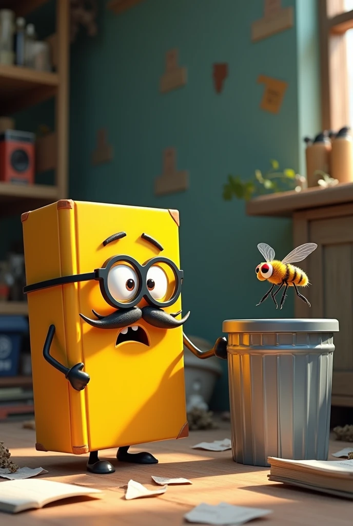 Create a Pixar style image of a yellow book with glasses eyes, a mustache, a mouth, looking confused at a fly that is leaving the trash can it is in.