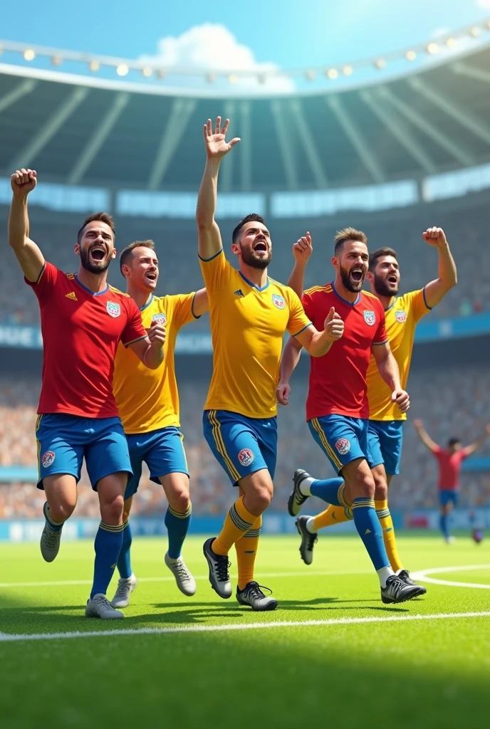 Animated image of a group of 5 men playing soccer celebrating a goal on a synthetic field 
