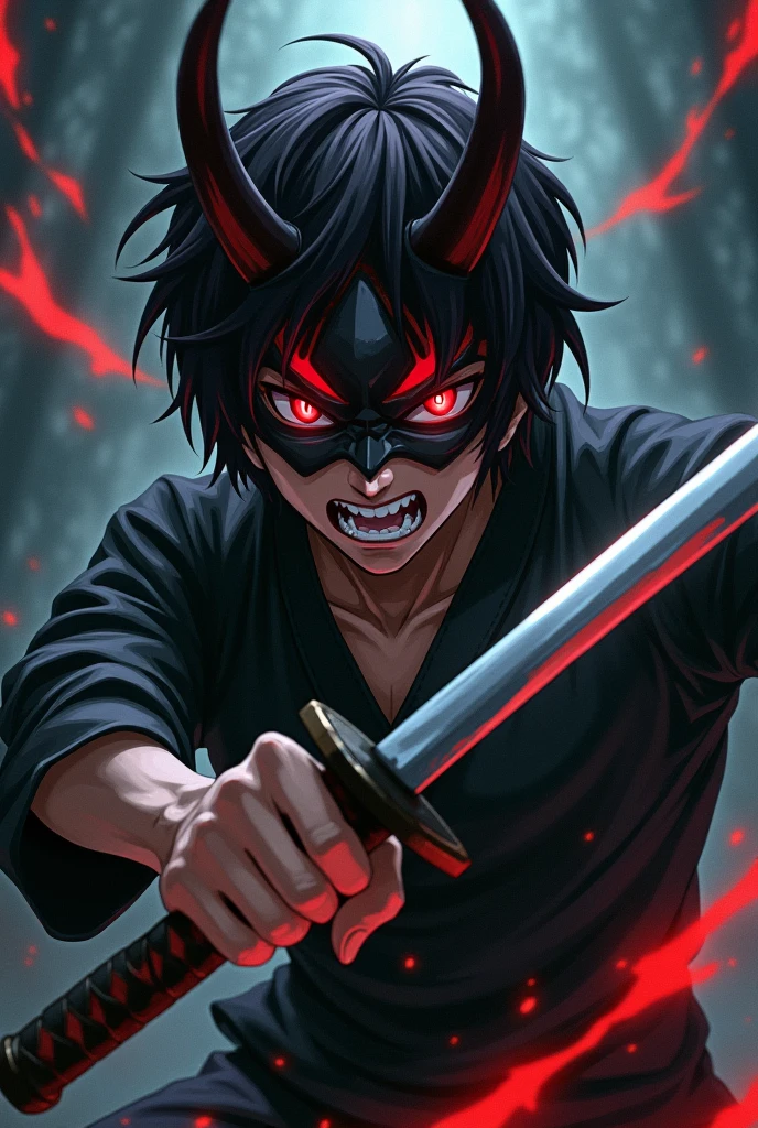 anime styling,short black hair,Eyes red,angry facial expression,holding a katana,with oni mask