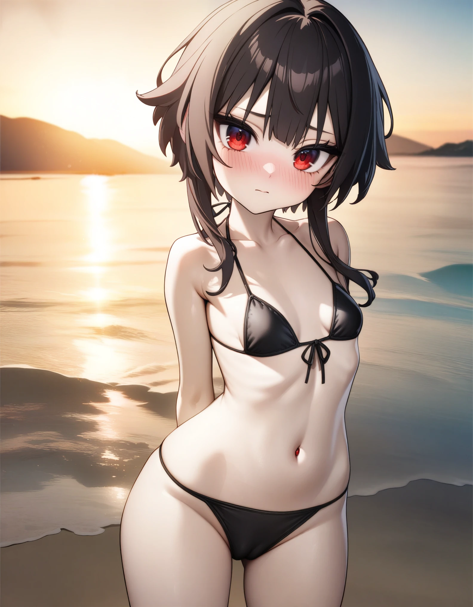 32k, best quality, ultra high res, HDR, UHD, extremely detailed CG, unity 32k wallpaper, masterpiece, highest quality, Super detailed, figure, whole body, Swimwear,, Detailed Background, mksts style, Beach, sunset, (highest quality:1.2, Very detailed, Latest, Vibrant, Super Detail, Ultra-high resolution, High Contrast, masterpiece:1.2, highest quality, Best aesthetics, there is:0.9), alone, (1 female), Megumin, short hair, black hair, (red eyes:1.3), short hair with long locks, minimal, 1girl, solo, ((black bikini)), red eyes, nose blush, shy, looking at viewer, cameltoe, arms behind back, cute overload, small breasts, slim figure, contrapposto, ulzzang,