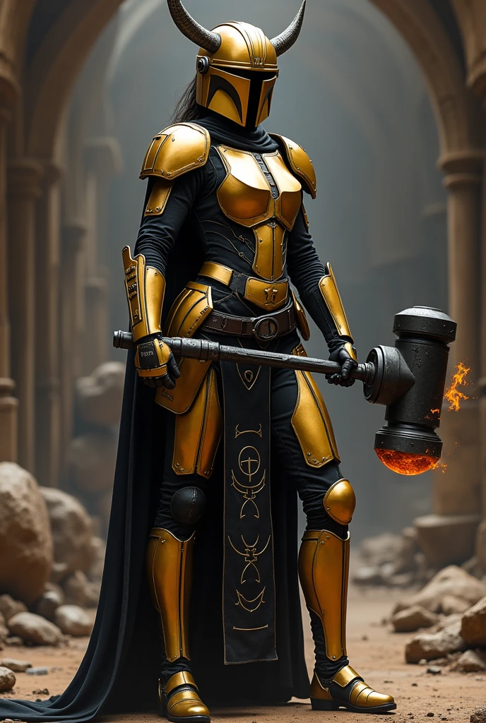 A female Mandalorian with gold and black colors, armorer who uses a hammer and a large flamethrower curvy and slim body, Valkyrie-type wings on her helmet
