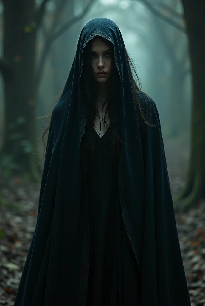 witch, woman, wearing a dress covering her eyes.