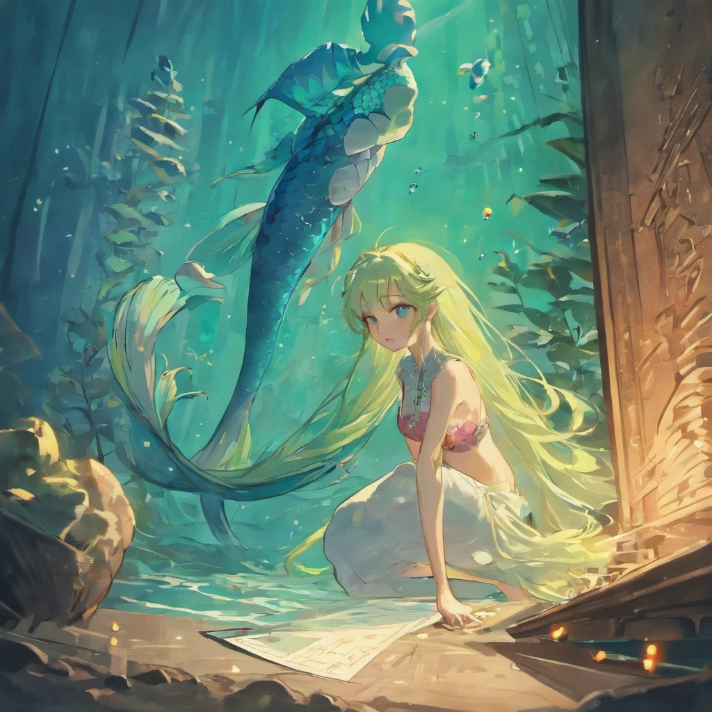 a detailed drawing of an old antique sketchbook, a mermaid with webbed hands, long fish-like tail, gills, hand drawn illustration, ancient mythological study, ancient writing, intricate details, highly realistic, masterpiece, 8k, ultra-detailed, photorealistic, cinematic lighting, vibrant colors, dramatic shadows, conceptual art