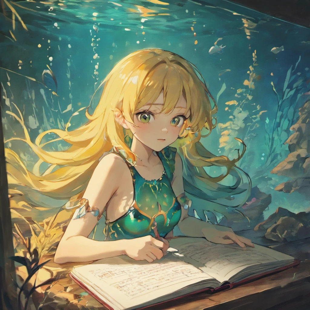 a detailed drawing of an old antique sketchbook, a mermaid with webbed hands, long fish-like tail, gills, hand drawn illustration, ancient mythological study, ancient writing, intricate details, highly realistic, masterpiece, 8k, ultra-detailed, photorealistic, cinematic lighting, vibrant colors, dramatic shadows, conceptual art