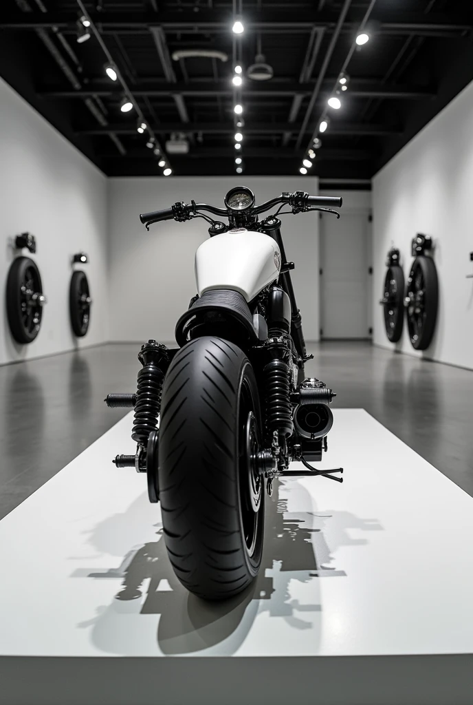 Imagine a contemporary art installation containing a black and white custom motorcycle. 