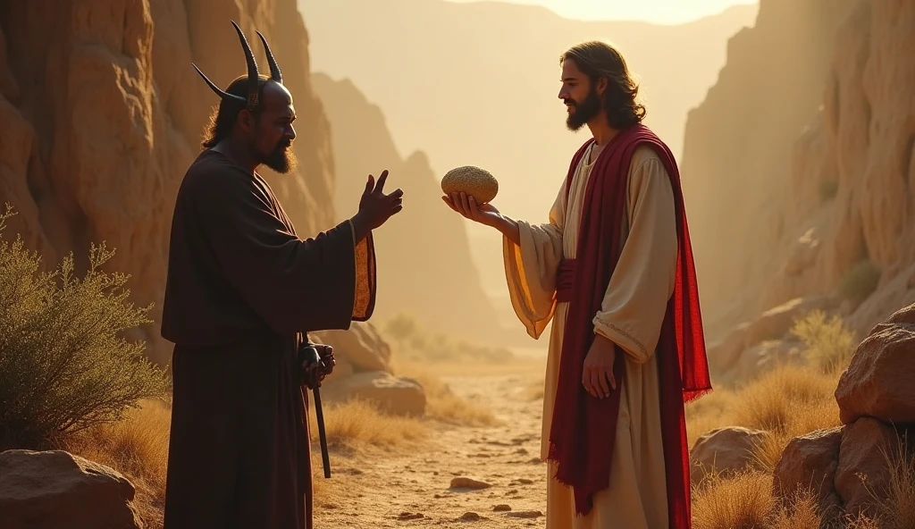 A scene of Jesus being tempted by the Devil with a stone that turns into bread. Jesus seems to resist, with one hand raised. The image is illuminated by a soft light, creating a contrast between light and shadow.