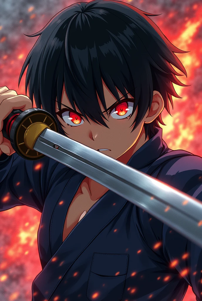anime styling,short black hair,Eyes red,angry facial expression,holding a katana