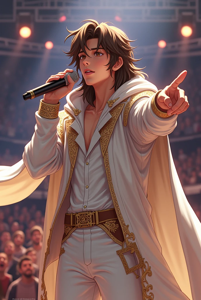 artwork best quality handsome american male teenager long brown hair light skin with white cape and hooded coat on head with gold details white long sleeve shirt and white pants underneath intricate details singing holding a microphone seen from afar pointing at the audience at a concert with details uhq 8k details