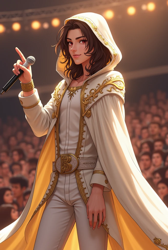 artwork best quality handsome american male teenager long brown hair light skin with white cape and hooded coat on head with gold details white long sleeve shirt and white pants underneath intricate details singing holding a microphone seen from afar pointing at the audience at a concert with details uhq 8k details