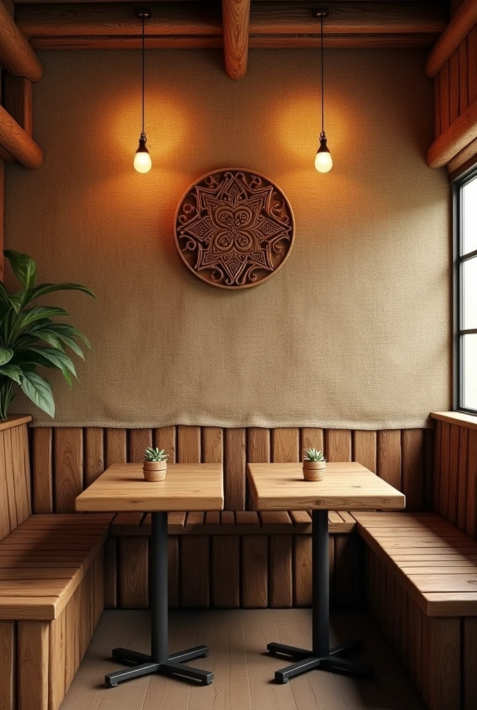 decoration of a small restaurant, with the back wall covered with coffee sacks, with two wooden tables, and Colombian handcrafted decorations made of wood