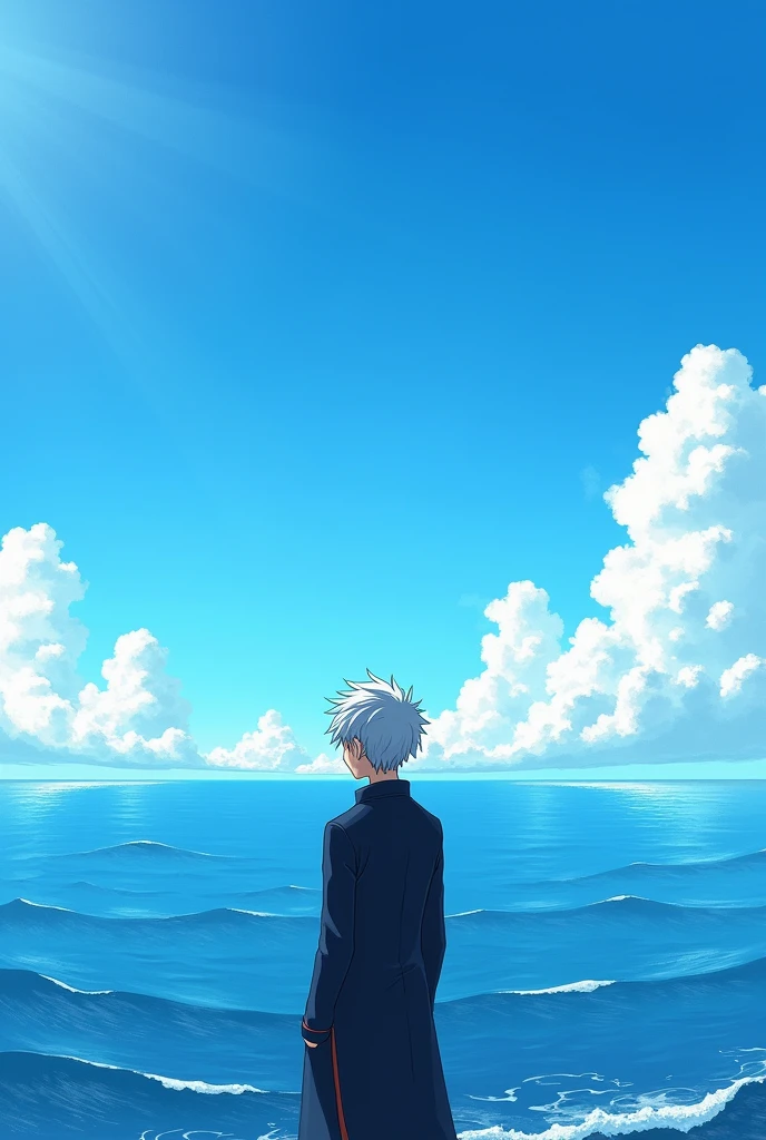 Create a drawing the size of a book cover, with the Jujutsu Kaisen character “Yuta” looking at the sea with the sky WITHOUT clouds 