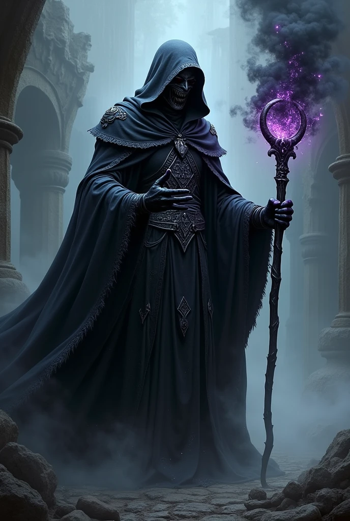 black cape: A long, flowing coat, black as the night, with silver or dark purple details.
mask: A sinister mask that hides the wizard's face, with details such as runes or symbols on its surface.
Staff or Wand: A black staff with a dark gem on the tip, or a wand inlaid with dark gemstones.
around:
Make a magician with:
dark aura: The magician is surrounded by a dark and nebulous aura, which gives it a mysterious and fearsome appearance.
bottom: A gloomy landscape with shadows and mist, perhaps in a dark forest or in a ruined tower.
Spells and Effects:
Dark Spells: Rays of black energy or dark flames emerging from the magician's hands or staff.
visual effects: Dark smoke clouds and flashes of dark energy in the air.