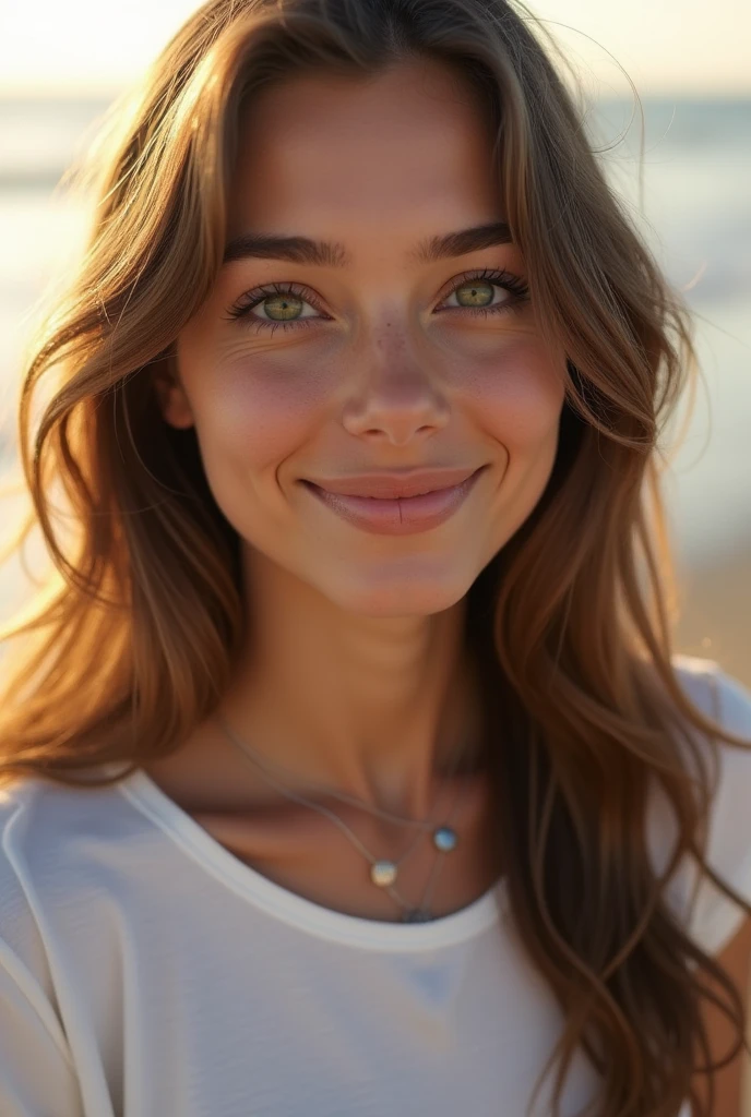 Un gros plan, portrait 4K haute résolution d'une femme de 20 ans avec des traits caucasiens saisissants et une peau aux tons olive. Sa longue, ses cheveux bruns ondulés en cascade sur ses épaules, encadrer son visage. Elle a de grands yeux verts qui brillent d'une lumière particulière, sa peau est lisse, ajoutant à sa fraîcheur, beauté naturelle. Un petit, une beauté visible au-dessus du côté gauche de sa bouche lui confère un charme distinctif, Et un beau sourire rayonne. Elle porte un t-shirt blanc cintré et un délicat, collier en argent léger. Son expression rayonne de chaleur et de douceur, capturant son essence de future influenceuse dans le monde des parfums naturels. l'image est un chef d'oeuvre, conçu pour mettre en valeur son allure naturelle et la douceur, atmosphère lumineuse qu'elle incarne. Au bord de la plage