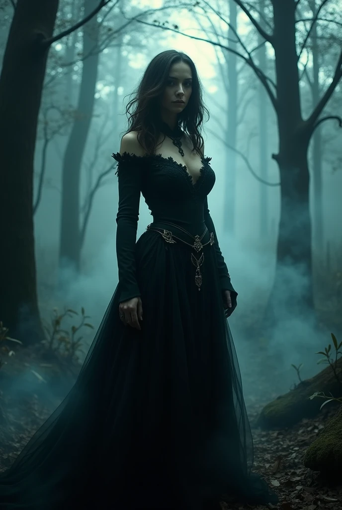 Wallpaper of a very pretty witch standing in forest facing towards camera with medium hair. Very heavy dark smoke and lighting in the background.