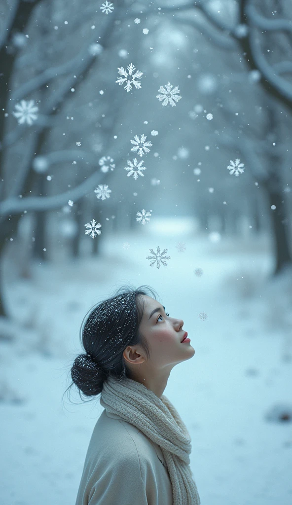 Snowflakes dancing, woman looking up, bird's eye view,
