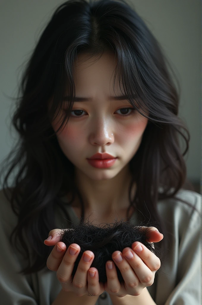 A realistic image of a woman with long, dark hair, crying as she holds a clump of her own hair in one hand, which has just fallen out. Her eyes are filled with tears, and her expression is one of deep sadness and distress. The background is simple and neutral, drawing attention to the emotional impact of the hair loss.