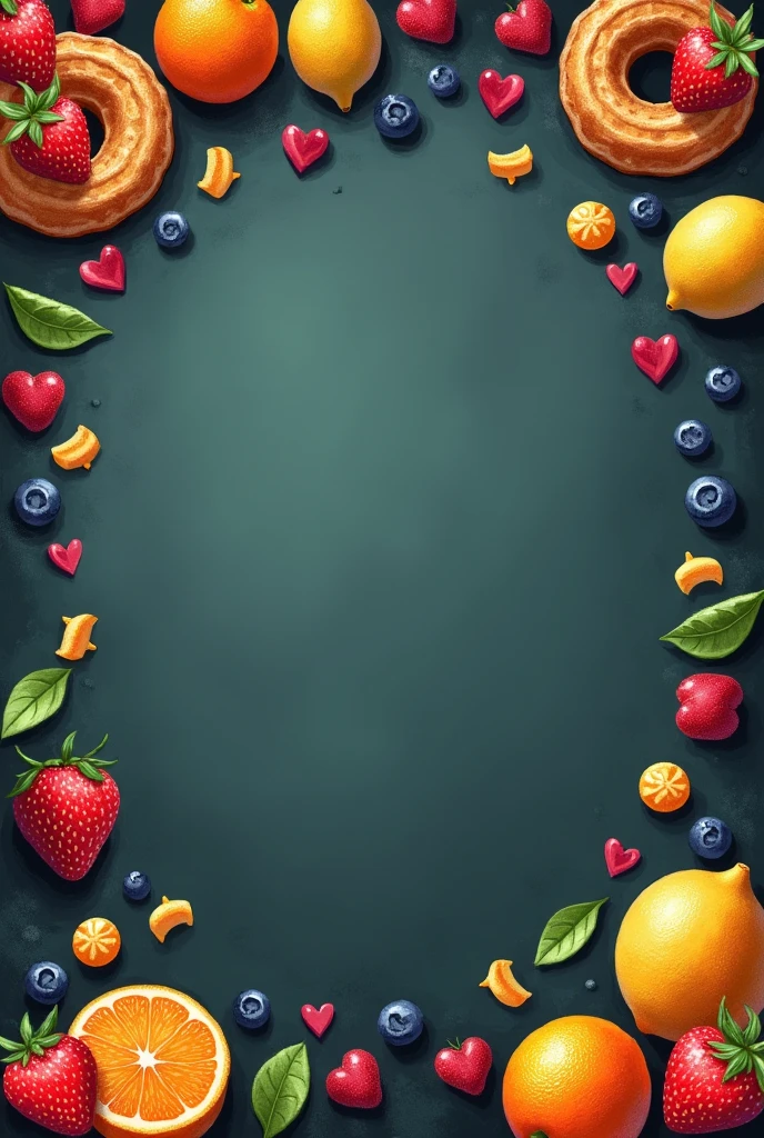 A design that simulates a coffee blackboard, with drawings of churros and fruits, with a clear space in the center. Small details like hearts and arrows point to different flavors. A background that imitates the texture of a slate, with a casual and cozy style.