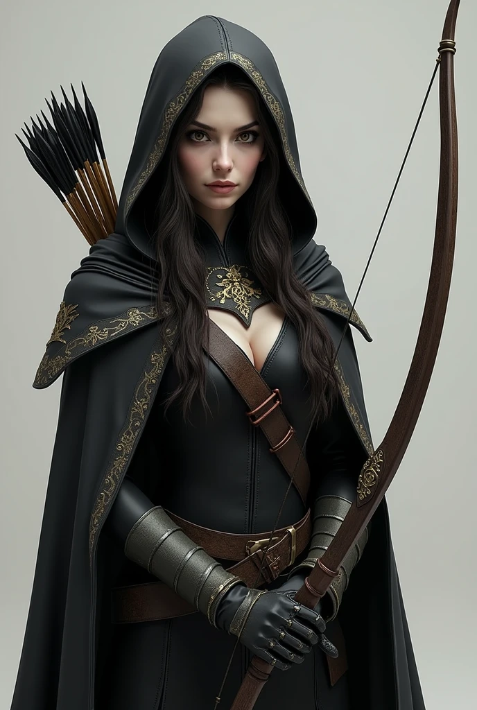 Draw a full-body standing female half-elf with white skin, little elf ears, eyes black, dark brown hair, wearing a black cloak with gold details and a built-in hood holding a crossbow in his hands and a quiver on his back with a handful of arrows. Her eyes are extremely dark and this is her most obvious feature..