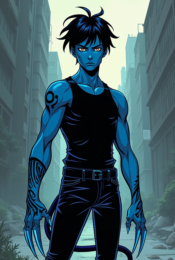 Full illustration body, similar to Beast boy from dc Comics style, Blue Skin color, have a Demon tail blue color, light brown eye color, short messy black hair, wearing a sleeveless black shirt, Straight black pants, no shoes, black tattoo´s in both arms like tribal waves and circles, he got claws like wolverine from marvel comics , he is in a post apocalyptic place, comic style, 18 years