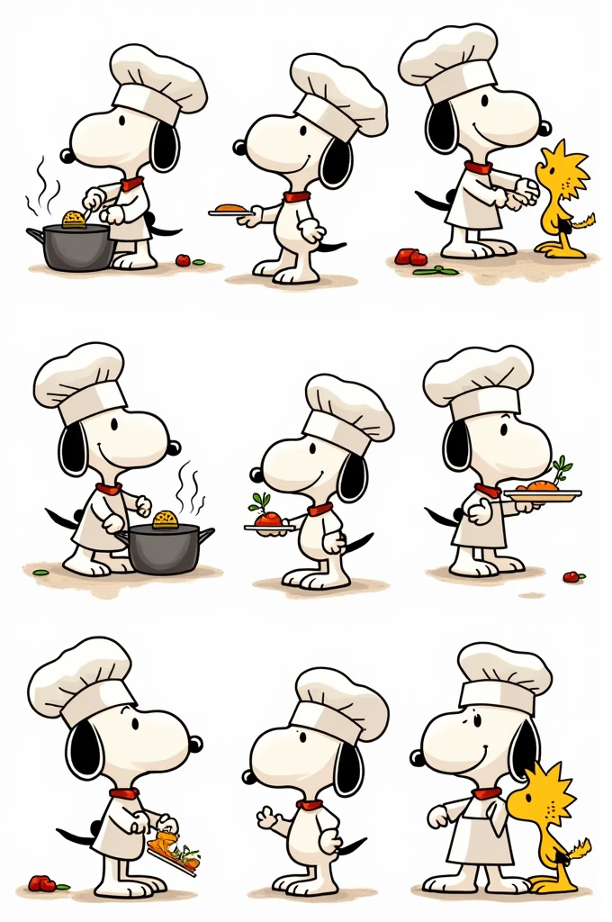 Give me several images in png format of Snoopy chef, in various positions and with his friends. About 10 images. 