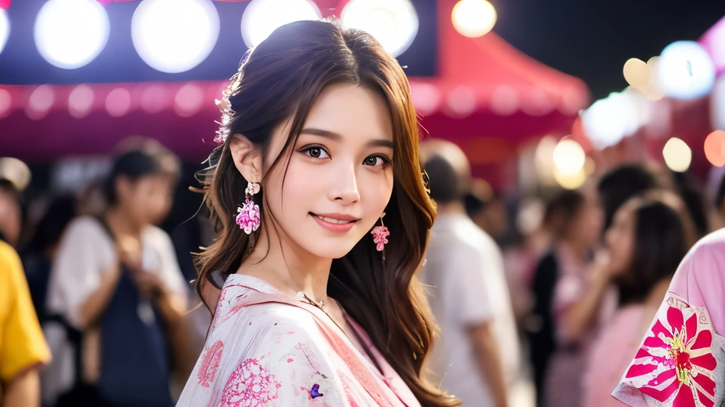 Highest quality、High resolution、8k wallpaper、Dense and beautiful eye-glue hair、Natural color lip、2 woman、Brown Hair、smile、Semi-long hair、Hair tied up、Wearing a necklace and earrings、Summer festival、Pink Yukata、clear、crowd、Opening a store、night、Fireworks