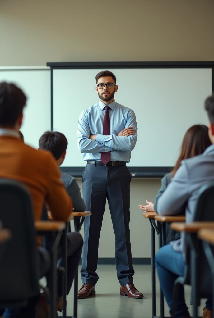 A self-confident young college student speaking in front of his classmates
