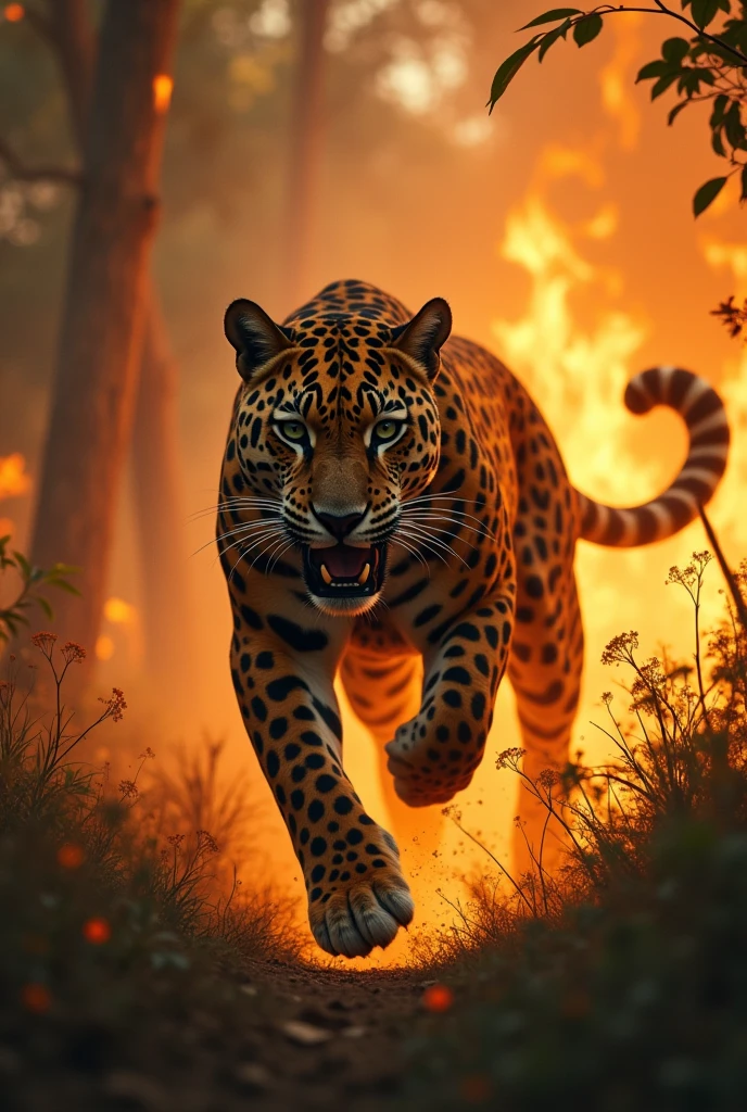 a jaguar with her  in her mouth fleeing the burning forest, trees are seen on fire