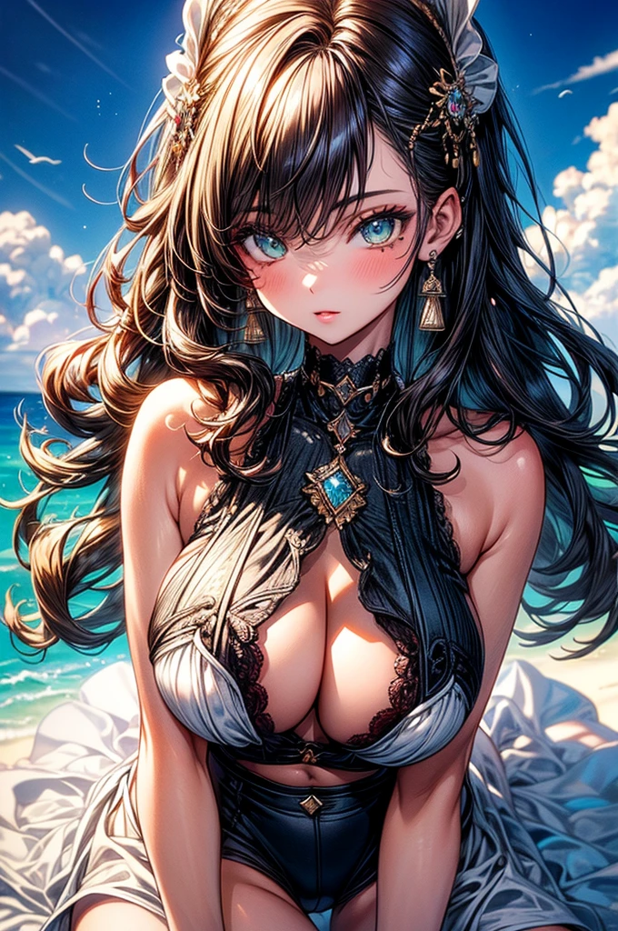 highest quality, ultra high resolution, super detailed, gorgeous, masterpiece, best quality, high resolution finely detailed, extremely beautiful, distinct image, ((identical twins)), two twins, low cut top, dolphin shorts,, ((best quality)) ((best quality)), ((masterpiece)), (detailed), 4k image, anime style, mole under the eye, beautiful young girl, teenage girls, fair white skin, oval shaped face, seductive and sharp facial features, astonishing sex appeal, curly hazel-brown hair, slim, curvy body, green eyes, full lips, medium height, large breasts,