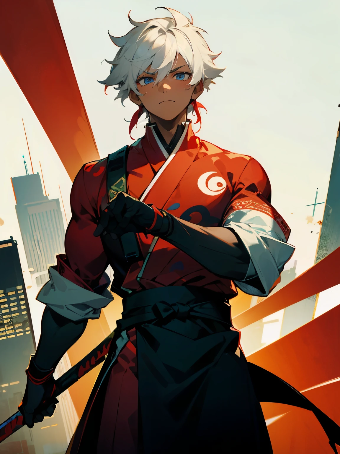 1male , Dark Skin , Adult Male , Lean Muscular , Modern Undercut Messy Hair , White Hair ,Fitted Sleeves,White Yukata with red swirl patterns,Red Sash, Ninja Clothing , Serious Expression , Modern city background , Pale Blue Eyes