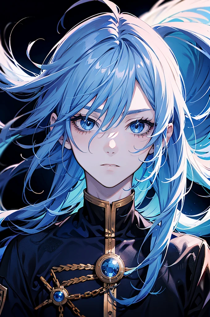 anime boy with blue eyes, white long hairs, portrait, no background, black background
