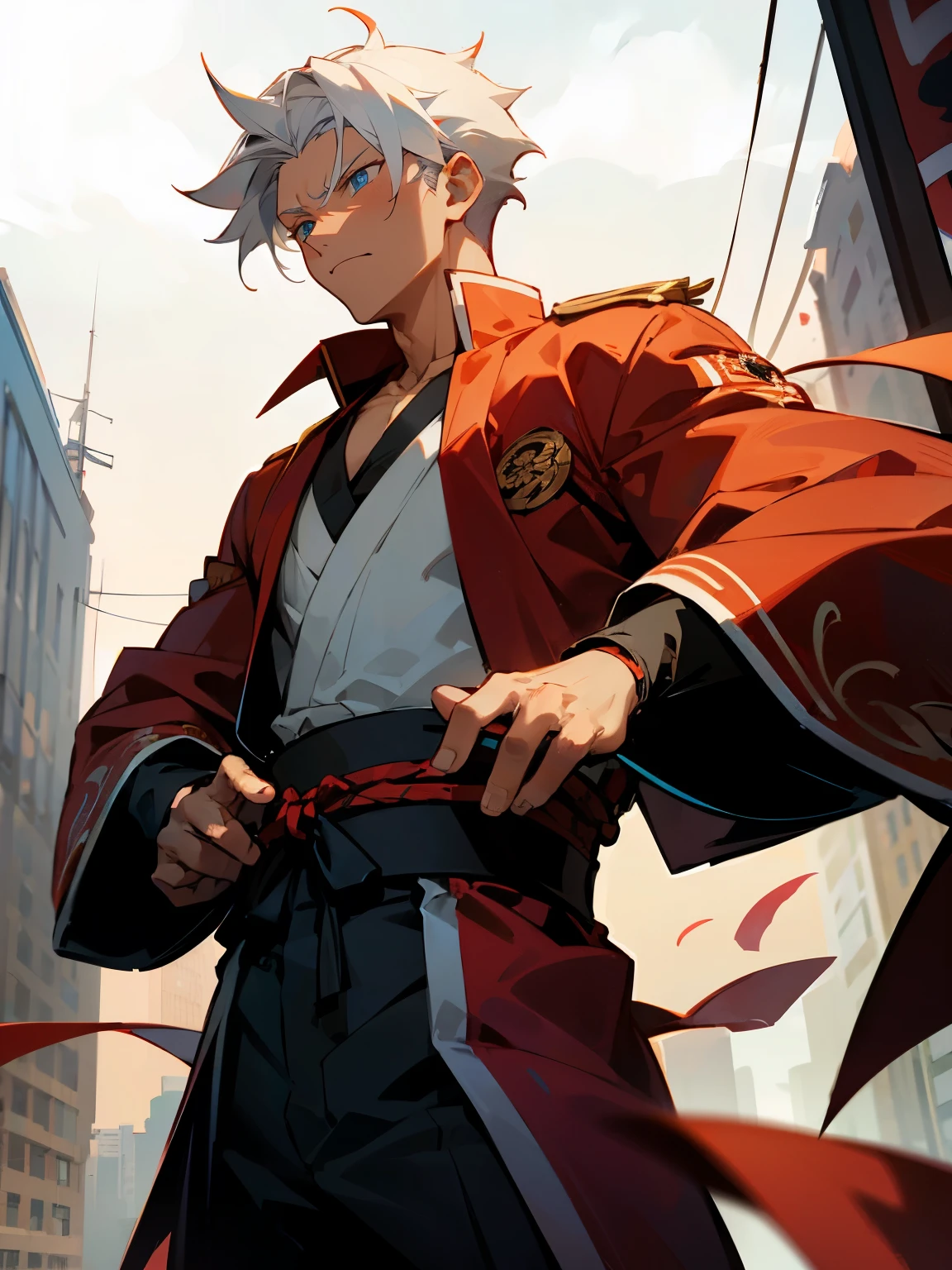 1male , Dark Skin , Adult Male , Lean Muscular , Modern Undercut Messy Hair , White Hair ,Fitted Sleeves,White Yukata with red swirl patterns,Red Sash, Ninja Clothing , Serious Expression , Modern city background , Pale Blue Eyes