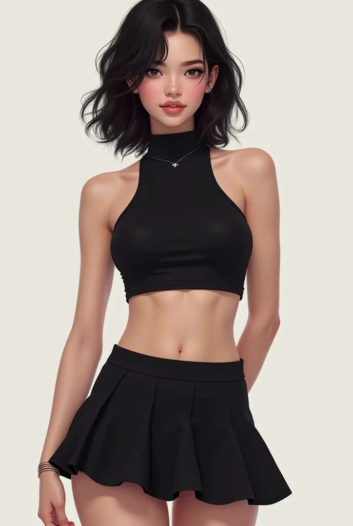 skinny white girl with black hair in a crop top shirt and a mini skirt full body.