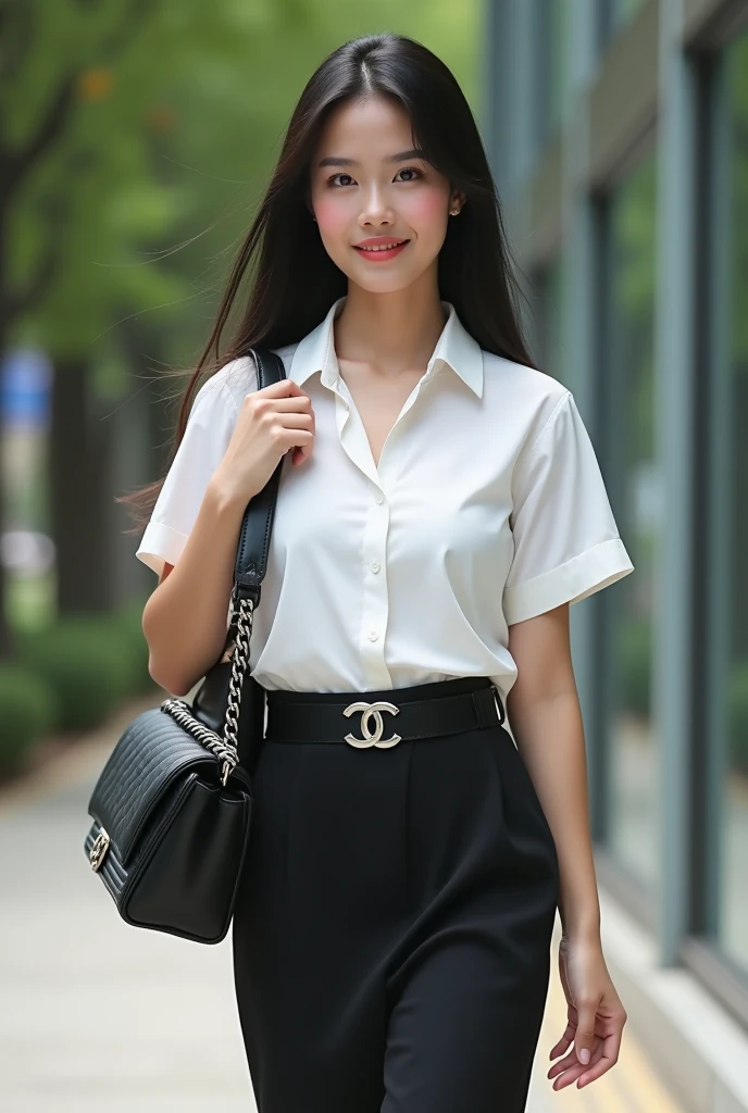 (Best quality, 4K, high resolution, masterpiece:1.2), (ultra-detailed, photo-realistic:1.37), (full-body portrait), 20 years old, Thai woman, university student, intelligent, diligent, friendly, (black hair), perfect lash, minimal makeup, tan skin, expressive dark brown eyes, gloss lips, natural allure, slim body shape, modest attire, ((wearing white short sleeve shirt)), ((black short straight skirt)), black designer high heels, black leather belt with silver university emblem buckle, carrying black "Chanel Boy" on shoulder, Background featuring university campus.