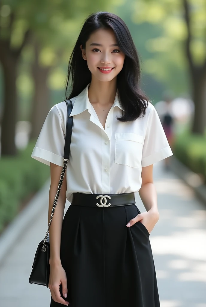 (Best quality, 4K, high resolution, masterpiece:1.2), (ultra-detailed, photo-realistic:1.37), (full-body portrait), 20 years old, Thai woman, university student, intelligent, diligent, friendly, (black hair), perfect lash, minimal makeup, tan skin, expressive dark brown eyes, gloss lips, natural allure, slim body shape, modest attire, ((wearing white short sleeve shirt)), ((black short straight skirt)), black designer high heels, black leather belt with silver university emblem buckle, carrying black "Chanel Boy" on shoulder, Background featuring university campus.