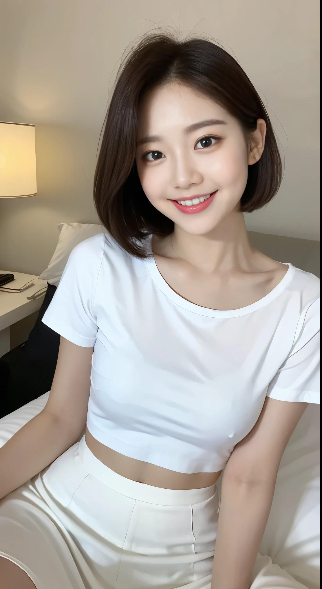 White tight shirt、White Mini Skirt、bed、smile、Short sleeve、High resolution、Korean idol face、double eyelid、White teeth、short hair