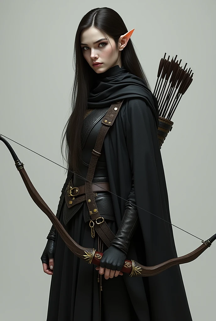 Draw a full-body standing female half-elf with white skin, little elf ears, eyes black, dark brown hair, wearing a black cloak with gold details and a built-in hood holding a crossbow in his hands and a quiver on his back with a handful of arrows. Her eyes are extremely dark and this is her most obvious feature..