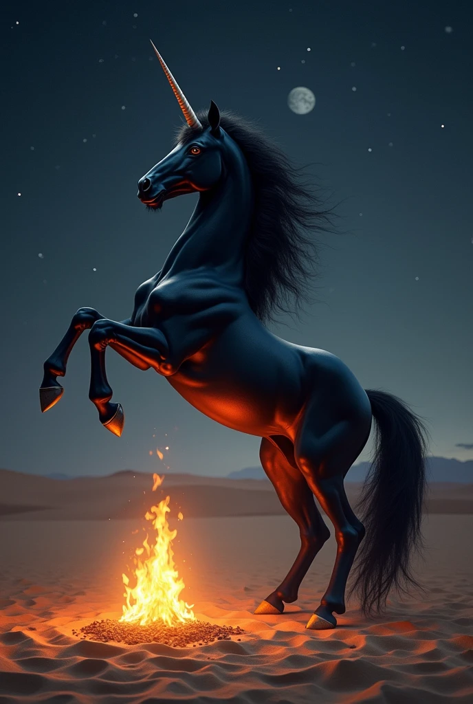 realistic photo of a black unicorn mythological horse being with a horn on its forehead, Big and imposing, standing at night rearing the front over a fire, in the middle of a desert of clear sands
