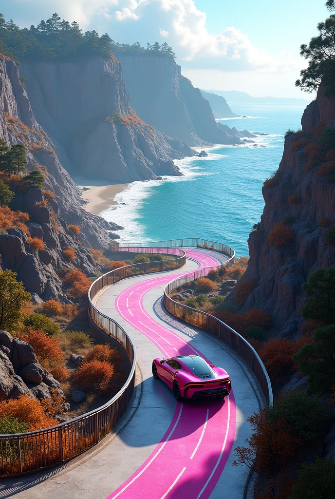 Create for me a place called New Woods, It is a place that has a car festival called New Horizon, the festival and the main city are in a high area, the city is not very big, but it's long, and there is a canyon with the ocean below