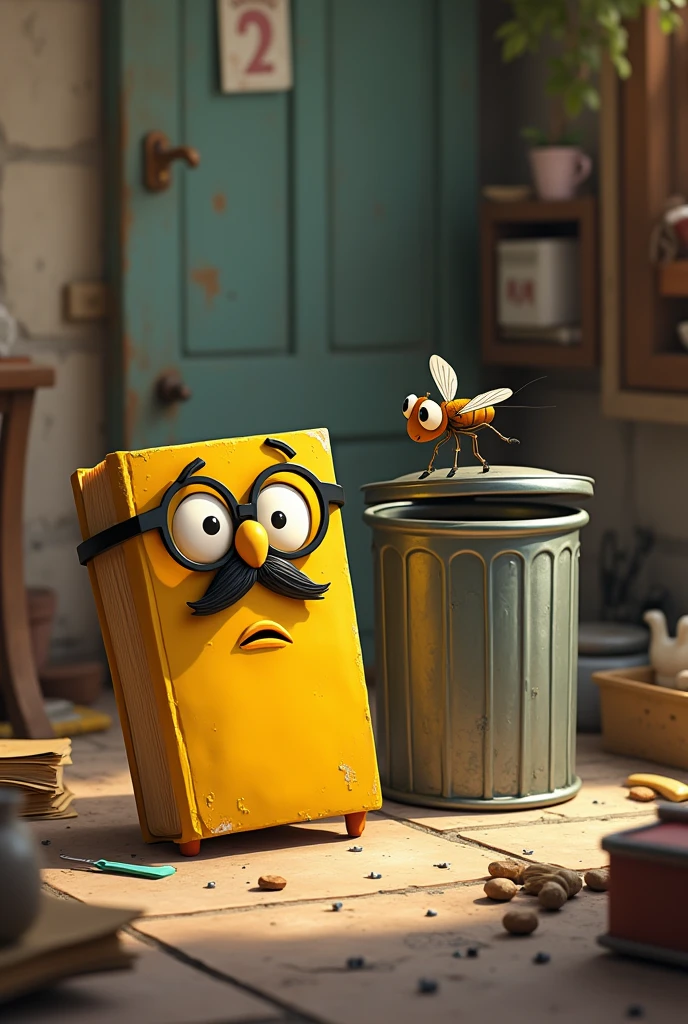 Create a Pixar style image of a yellow book with glasses eyes, a mustache, a mouth, looking confused at a fly that is leaving the trash can it is in.