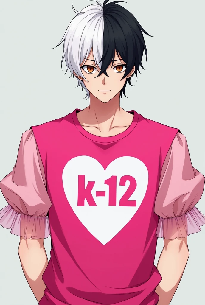 Gender:male Skin:Clear Eyes:brown Style:anime body:tall hair:split in half one side white and the other side black Clothes:a hot pink shirt with puffy light pink tulle sleeves and on the shirt a white heart in the center of the shirt with the writing "K- 12"
